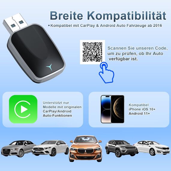 CarPlay Wireless 2 in 1 SOARFLY Adapter - Android Auto, Konvertiert Kabel in Kabellos Plug Play USB C/A, 5,8 GHz WiFi Bluetooth 5.3, kompatibel iOS 10+ Android 11+ (2025) (K5)