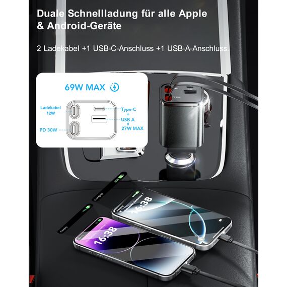 Aimtel 4 in 1 Zigarettenanzünder USB C 69W Auto Ladegerät, Kfz Ladegerät für Camping Wohnmobil Ladegerät Auto, Car Charger mit Einziehbarem Kabel,12V/24V USB Adapter Auto Kompatibel mit iPhone/Samsung