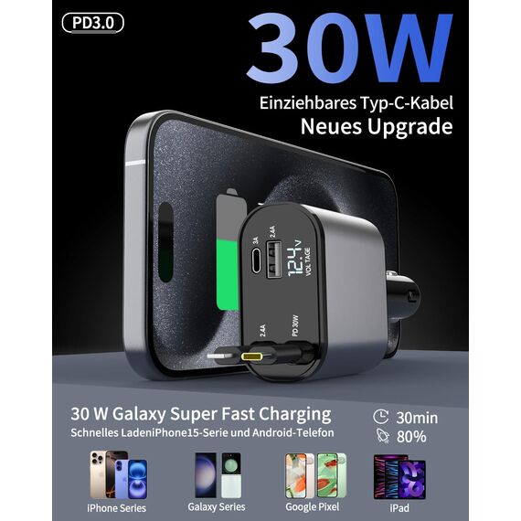 Aimtel 4 in 1 Zigarettenanzünder USB C 69W Auto Ladegerät, Kfz Ladegerät für Camping Wohnmobil Ladegerät Auto, Car Charger mit Einziehbarem Kabel,12V/24V USB Adapter Auto Kompatibel mit iPhone/Samsung