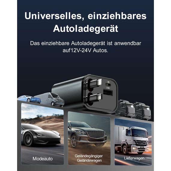 Aimtel 4 in 1 Zigarettenanzünder USB C 69W Auto Ladegerät, Kfz Ladegerät für Camping Wohnmobil Ladegerät Auto, Car Charger mit Einziehbarem Kabel,12V/24V USB Adapter Auto Kompatibel mit iPhone/Samsung