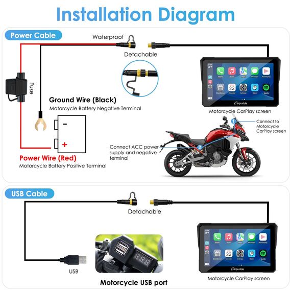 Carpuride W702 Pro Motorrad Carplay Bildschirm mit Gegensprechfunktion, Kabellos CarPlay und Android Auto, Tragbarem Wasserdichtem 7 Zoll Touchscreen, Verbessertem Dual Bluetooth, Navigation, Kompass.