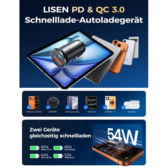 LISEN 54W Zigarettenanzünder USB C, PD&QC3.0 Auto Ladegerät KFZ, 12V USB Adapter Auto Zigarettenanzünder Steckdose für iPhone 17 Pro Max Air, Galaxy S25 Ultra, Xiaomi 15 und mehr