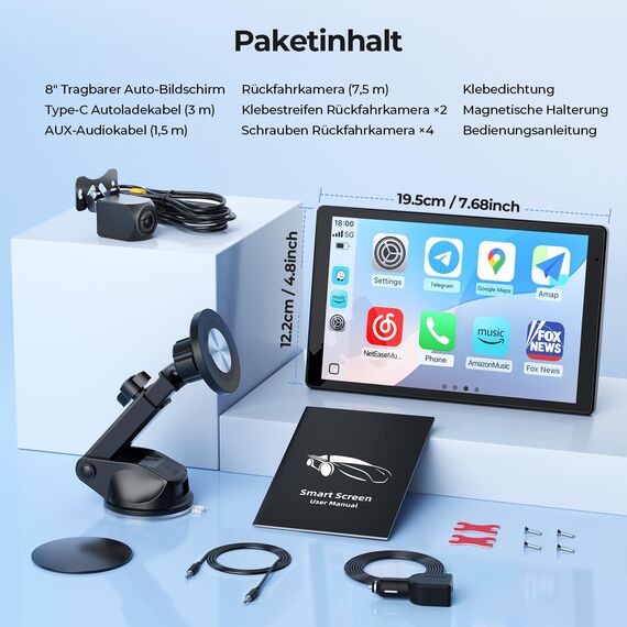 8'' Tragbares Carplay Display für Apple CarPlay & Android Auto, 1440x900 HD Display, Magnetische Halterung, OTA-Updates, Rückfahrkamera, Bluetooth, Sprachsteuerung, GPS-Navigation