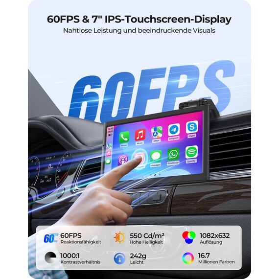 Krunia 7" Drahtloses Tragbares 60FPS Car Play Display für Apple CarPlay & Android Auto, Hoch und Querformat, Mirror Link, Bluetooth, Sprachsteuerung, GPS-Navigation, Optional Rückfahrkamera Möglich