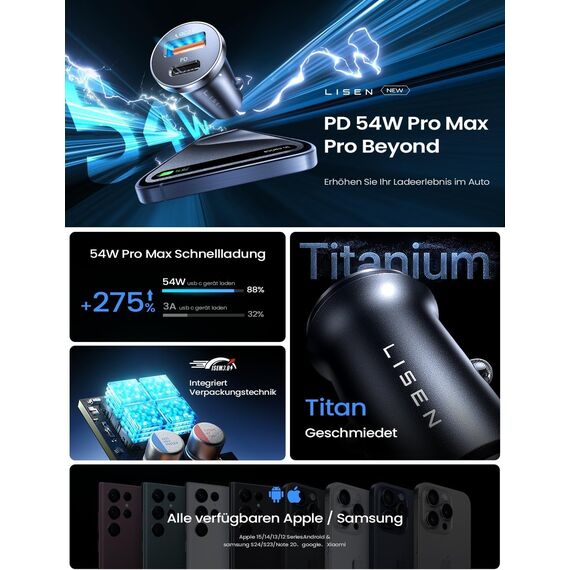 LISEN 2-Pack Zigarettenanzünder USB C Auto Ladegerät - 54W Metall PD&QC3.0 KFZ Ladegerat 12V USB Adapter Auto Schnelle Steckdose Auto Gadgets Accessories für iPhone 17 Pro Max Air 16 15, Smartphone