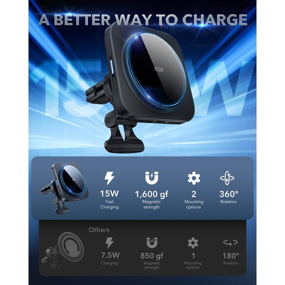 ESR 15W für Magsafe Autohalterung mit Ladefunktion, Handyhalterung Auto Ladegerät, Magnet Handyhalterung Auto mit Ladefunktion für iPhone Air/17/17e/16/15/14/13/12, Galaxy S26/S25, Schnellladung