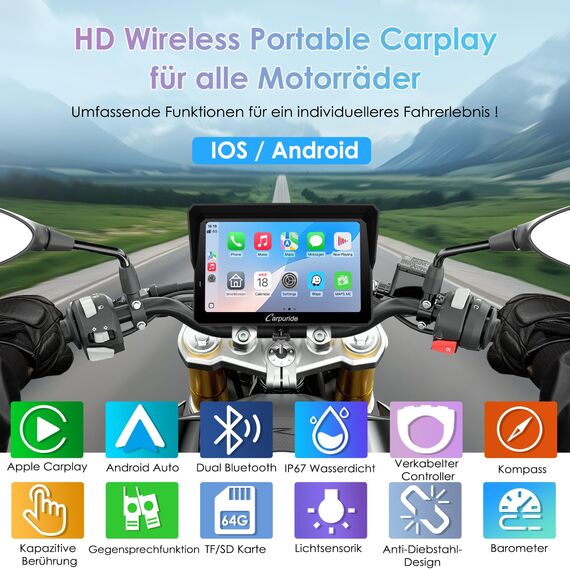 W702S Pro Motorrad Carplay Bildschirm mit BM05 Halterung für Plug-and-Play, Kabellos CarPlay & Android Auto, 7" Wasserfest Touchscreen, Intercom-Funktion, Dual Bluetooth, Verdrahtet Controller, Navi.