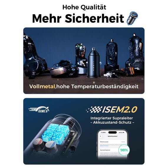 LISEN 54W Zigarettenanzünder USB C, PD&QC3.0 Auto Ladegerät KFZ, 12V USB Adapter Auto Zigarettenanzünder Steckdose für iPhone 17 Pro Max Air, Galaxy S25 Ultra, Xiaomi 15 und mehr