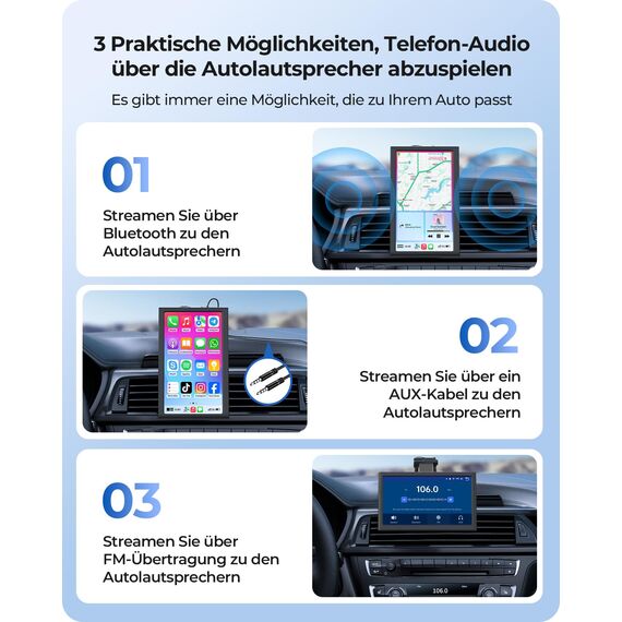 Krunia 7" Drahtloses Tragbares 60FPS Car Play Display für Apple CarPlay & Android Auto, Hoch und Querformat, Mirror Link, Bluetooth, Sprachsteuerung, GPS-Navigation, Optional Rückfahrkamera Möglich