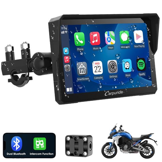 Carpuride W702 Pro Motorrad Carplay Bildschirm mit Gegensprechfunktion, Kabellos CarPlay und Android Auto, Tragbarem Wasserdichtem 7 Zoll Touchscreen, Verbessertem Dual Bluetooth, Navigation, Kompass.