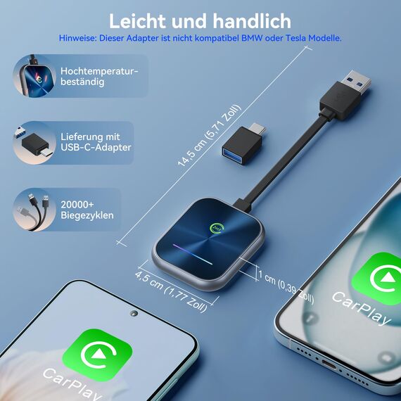 KUKIHO CarPlay Wireless Adapter 2025 – Kabellos-Upgrade für iPhone, Wandelt kabelgebundenes CarPlay in drahtlos um, USB-A/C Plug & Play, Kompatibel mit iOS 10+ & Fahrzeugen mit Apple CarPlay