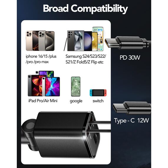 Aimtel 4 in 1 Zigarettenanzünder USB C 69W Auto Ladegerät, Kfz Ladegerät für Camping Wohnmobil Ladegerät Auto, Car Charger mit Einziehbarem Kabel,12V/24V USB Adapter Auto Kompatibel mit iPhone/Samsung