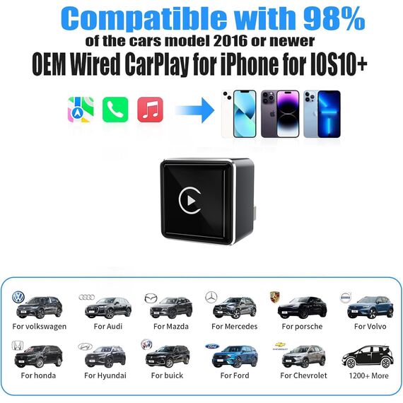 Mini Wireless CarPlay Adapter for Apple, 2026 Upgrade CarPlay Dongle Konvertiert Kabelgebunden zu Kabellos for iPhone, USB C/A Plug and Playfür only für iOS 10+