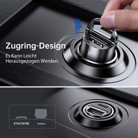 Syncwire 60W Zigarettenanzünder USB C & USB Auto Adapter [PD 3.0 & QC 3.0] Super Mini Ganzmetall KFZ Ladegerät USBC Kompatibel mit iPhone, Samsung, Huawei, Xiaomi, Google Pixel - Schwarz