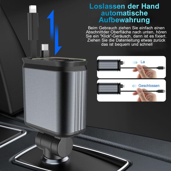 Aimtel Verbessertes Starlight Einziehbares Auto 69W Ladegerät Zigarettenanzünder USB Adapter KFZ USB C Zigarettenanzünder Kompatibel mit iPhone17/17 Pro Max/16/15/14/AirPods/Galaxy S25/Google Pixel 9