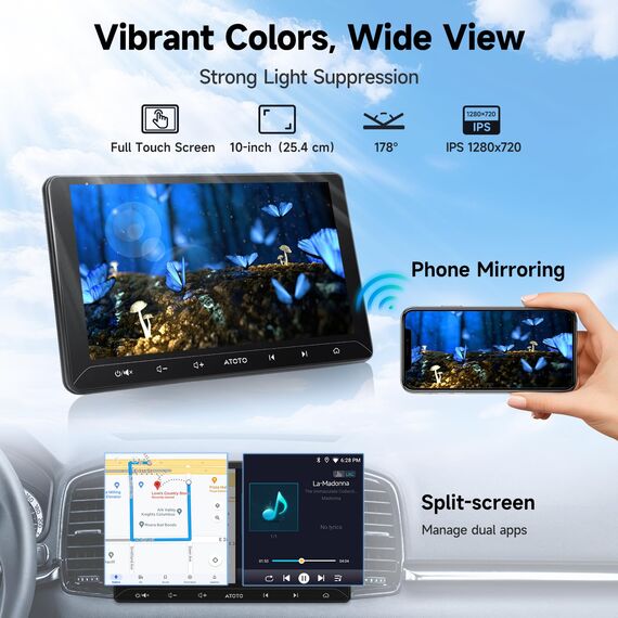 ATOTOZONE A5L 10.1 Zoll Android Doppel Din Radio, WiFi/Bluetooth/USB Tethering, Wireless CarPlay&Android Auto, 2G+32G Autoradio mit Bildschirm, Mirror Link, DSP/FM/AM/RDS/GPS, Sprachsteuerung