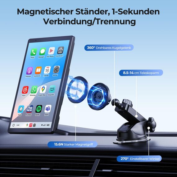 8'' Tragbares Carplay Display für Apple CarPlay & Android Auto, 1440x900 HD Display, Magnetische Halterung, OTA-Updates, Rückfahrkamera, Bluetooth, Sprachsteuerung, GPS-Navigation