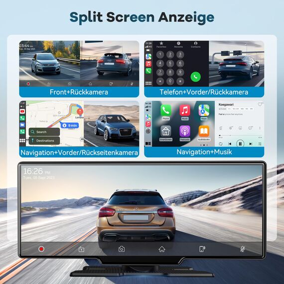 11 Zoll für Apple Carplay Display & Android Auto Display: Car Play Display mit GPS Navigation 4K Dashcam Rückfahrkamera Bluetooth Siri Sprachsteuerung IPS Touchscreen Mirror Link AUX FM 64G TF