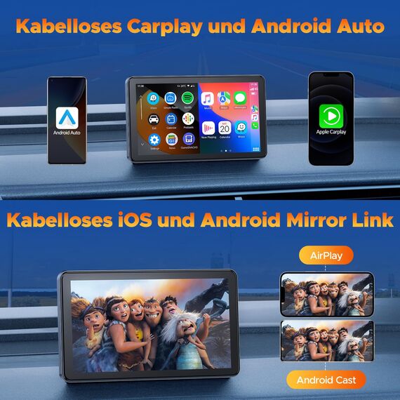 Volam Wireless Carplay Android Auto Display mit 7 Zoll Touchscreen,carplay Display mit Mirror Link,Live-Navigation, Play Music,Siri,G00gle Sprachassistent,Bluetooth 5.0, AUX,FM