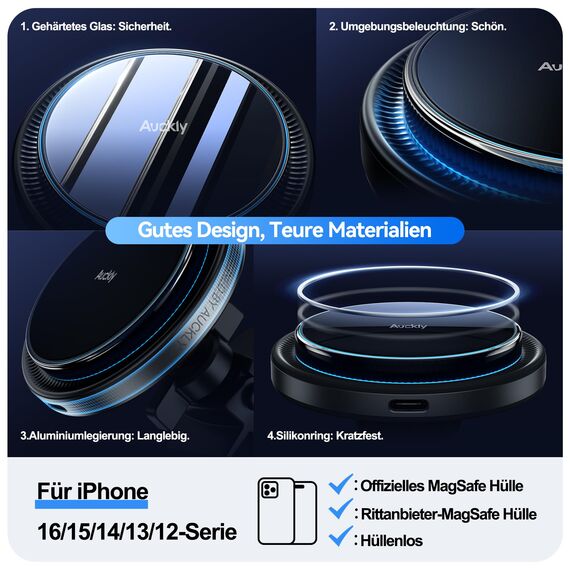 Auckly 15W für Magsafe Autohalterung mit Ladefunktion, Magnetisches Qi Kabelloses Handyhalterung, Lüftung, für iPhone 17 16 15 14 13 12 Series, Schnellladung, Aluminium, Clip, Schwarz