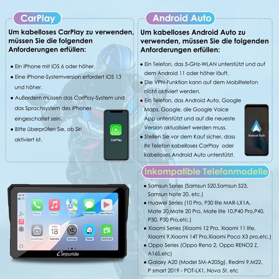 W702S Pro Motorrad Carplay Bildschirm mit BM05 Halterung für Plug-and-Play, Kabellos CarPlay & Android Auto, 7" Wasserfest Touchscreen, Intercom-Funktion, Dual Bluetooth, Verdrahtet Controller, Navi.