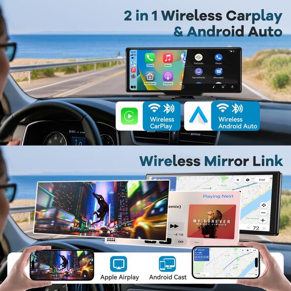 11 Zoll für Apple Carplay Display & Android Auto Display: Car Play Display mit GPS Navigation 4K Dashcam Rückfahrkamera Bluetooth Siri Sprachsteuerung IPS Touchscreen Mirror Link AUX FM 64G TF