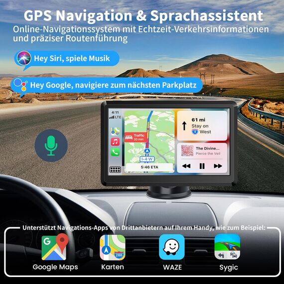 CarPlay Bildschirm, Wireless Android Auto Display mit Touchscreen, GPS Navigationsgeräte, Bluetooth Freisprecheinrichtung, MirrorLink, Tragbares Multimedia für Auto PKW LKW Wohnmobil (7 Zoll)