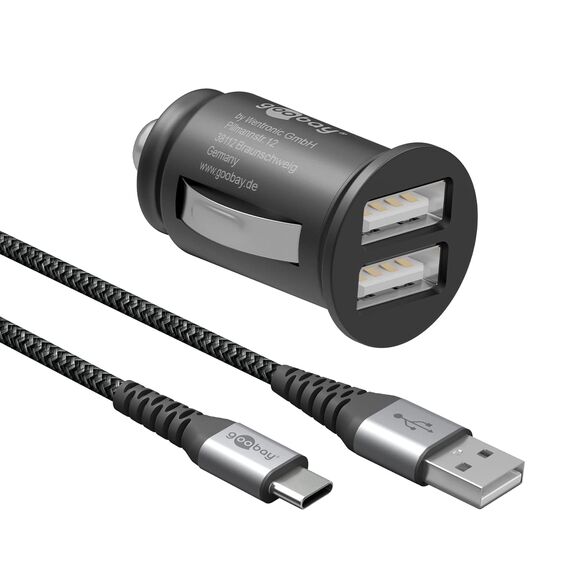 Goobay 64805 Dual USB Port Auto Ladegerät Zigarettenanzünder Adapter 12V / 24V Kfz Mini Adapter Ladestecker Car Charger 15,5W inkl. 1m USB C Kabel