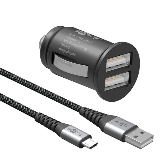 goobay 64806 Dual USB Port Auto Ladegerät USB Zigarettenanzünder Adapter 12V / 24V Kfz Mini USB Adapter Auto Ladestecker USB A Car Charger 15,5W inkl. 1m Micro USB Kabel, Schwarz