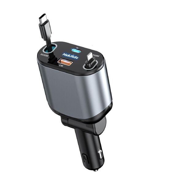 4 in 1 Zigarettenanzünder USB C, Einziehbares Auto Ladegerät 80W Autoladegerät Schnellladegerät (Type-C/USB-i Ladekabel, USB-A/C Anschluss) für iPhone16/15/14/13 Pro Max Plus,Galaxy, Autozubehör