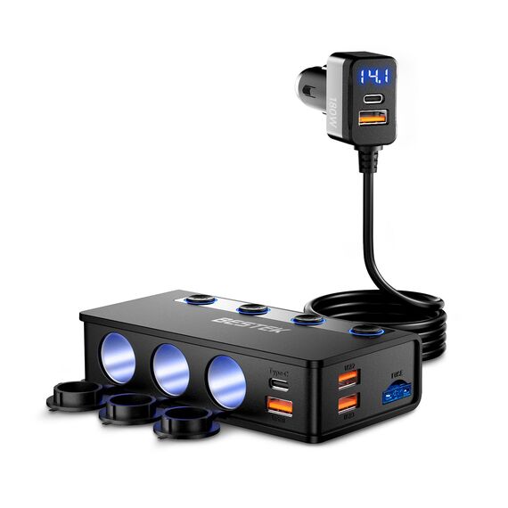 9 IN1 BESTEK 180W Zigarettenanzünder Verteiler, Auto KFZ Adegerät mit 65W PD & 4 Port QC3.0 kfz Ladegerät USB C Zigarettenanzünder Adapter USB mit LED Licht für iPhone Dash Cam iPad GPS
