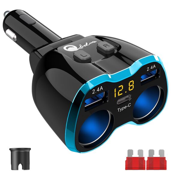 5-in-1 Auto Ladegerät: Zigarettenanzünder Verteiler Adapter Splitter 12V USB C KFZ Stecker 2 Fach Steckdose 12 Volt DC 80W mit LED Voltmeter Schalter Dual USB für Handy GPS Dash Kamera Sitzheizung