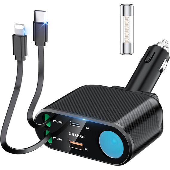 OHLPRO 5 in1 Zigarettenanzünder USB C Einziehbares Auto Ladegerät, Handy Autoladegerät 100W 12V USB Adapter Auto Schnellladegerät KFZ Stecker Splitter Kompatibel mit Handy iPhone iPad Samsung, Schwarz