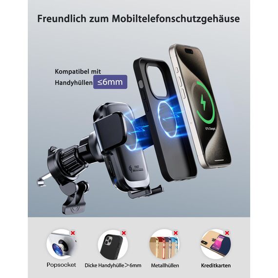 KPON 15W Qi Zertifiziert Handyhalterung Auto mit Ladefunktion,Induktive ladestation Auto,Handyhalterung Lüftung+Saugnapf für iPhone 17/16/15/14/13/12/11/X/Pro/Max/8 Plus/Mini/Samsung S25/S24/S23/S22