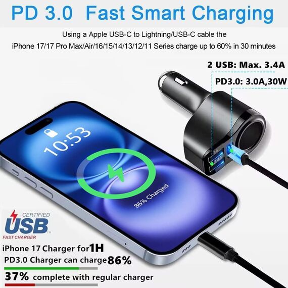 4 in 1 Auto Ladegerät PD 3.0 Zigarettenanzünder USB Verteiler 12V KFZ Ladegerät 36W 7A Schnellladung Mini USB Adapter Steckdose für iPhone 12 11 8 SE2 Samsung Galaxy Note9 S10 S9 S8 A5