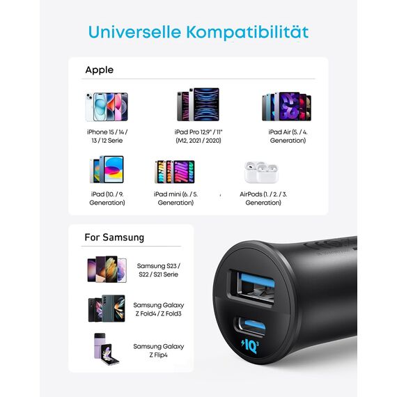 Anker 24W Car Charger Ladegerät, Mini Autoladegerät, 4.8A Duales USB Mit Blauem LED-Licht, Kompatibel Mit iPhone15/14/13, iPad Pro/Air 2/Mini, Galaxy und Mehr