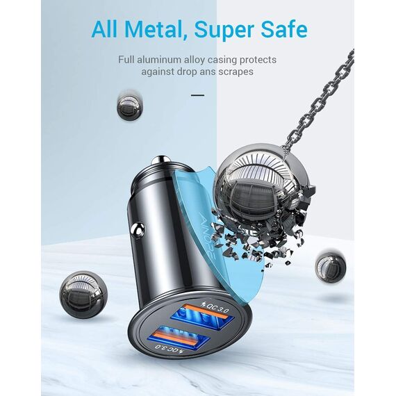 AINOPE USB Zigarettenanzünder Adapter [Dual QC3.0] 45W/6A Ladegerät für Auto Mini Metal Legierung KFZ USB Ladegerät Schnellladung Kompatibel mit iPhone 15/14/13/12/11/XS, Note 9/Galaxy S10/S9, iPad