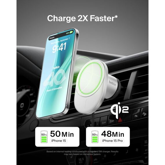 Belkin BoostCharge Pro magnetisches kabelloses Kfz-Ladegerät mit Qi2 (15 W), MagSafe-kompatibles Auto-Ladegerät für iPhone-Serien 17, Air, 16, 15, 14, Pixelsnap, Handyhalterung mit 1,5-m-USB-C-Kabel