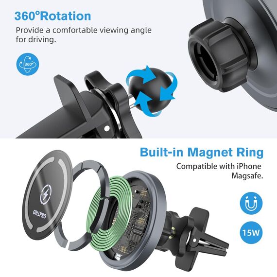 Magnetisches Kabelloses Handyhalterung Ladegerät kompatibel mit MagSafe Autohalterung,Wireless Car Charger 360° Drehbar 36W Ladegerät für Phone 14/13/12 Serie Kann auf dem Dashboard eingefügt Werden