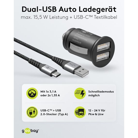 goobay 64806 Dual USB Port Auto Ladegerät USB Zigarettenanzünder Adapter 12V / 24V Kfz Mini USB Adapter Auto Ladestecker USB A Car Charger 15,5W inkl. 1m Micro USB Kabel, Schwarz