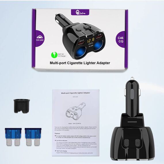 PD 3.0 Zigarettenanzünder Adapter 150W Kfz 12V Verteiler USB C Auto Ladegerät 2 Mehrfach Steckdose Netzteil DC 24V Stecker Splitter mit Schalter 3 USB Anschlüsse für Sitzheizung Handy GPS DashCam Navi