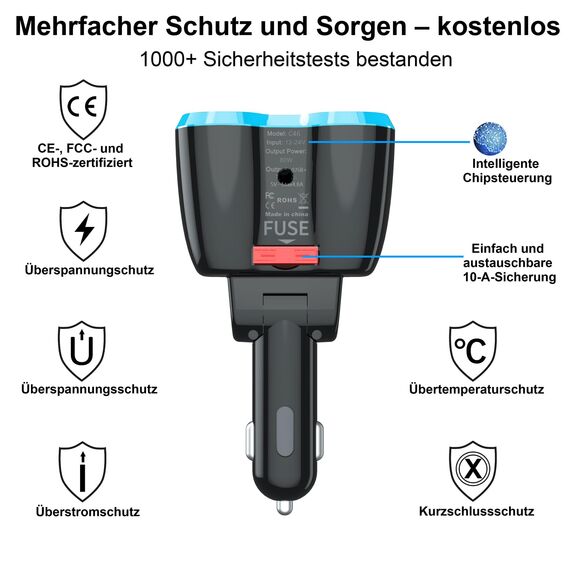 5-in-1 Auto Ladegerät: Zigarettenanzünder Verteiler Adapter Splitter 12V USB C KFZ Stecker 2 Fach Steckdose 12 Volt DC 80W mit LED Voltmeter Schalter Dual USB für Handy GPS Dash Kamera Sitzheizung