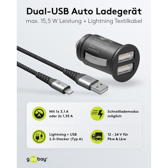 goobay 64804 Dual USB Port Auto Ladegerät USB Zigarettenanzünder Adapter 12V / 24V Kfz Mini USB Adapter Auto Ladestecker USB A Car Charger 15,5W inkl. 1m Lightning Kabel, Schwarz