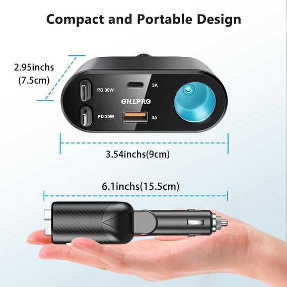 OHLPRO 5 in1 Zigarettenanzünder USB C Einziehbares Auto Ladegerät, Handy Autoladegerät 100W 12V USB Adapter Auto Schnellladegerät KFZ Stecker Splitter Kompatibel mit Handy iPhone iPad Samsung, Schwarz