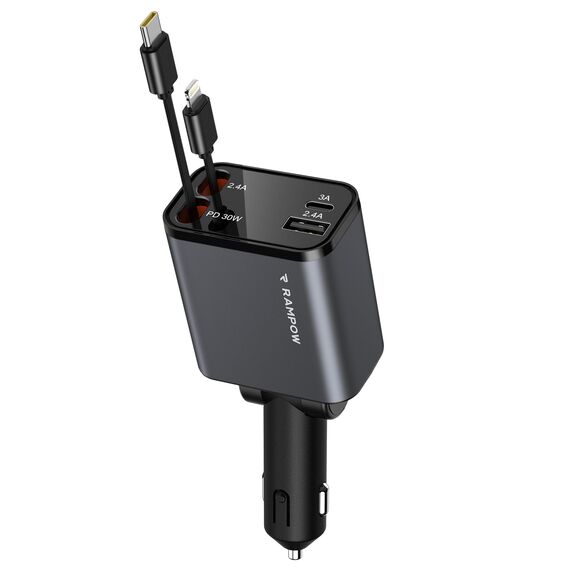 RAMPOW Zigarettenanzünder USB C, Auto Zubehör 65W Auto ladegerät Kfz Zubehör, 4in1 Einziehbares Auto Ladegerät Zigarettenanzünder Schnellladegerät mit iPhone 16/15/14/13, Samsung, iPad - Silberweiß