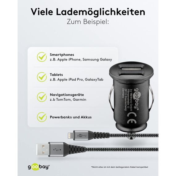goobay 64804 Dual USB Port Auto Ladegerät USB Zigarettenanzünder Adapter 12V / 24V Kfz Mini USB Adapter Auto Ladestecker USB A Car Charger 15,5W inkl. 1m Lightning Kabel, Schwarz