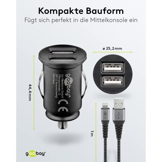 goobay 64804 Dual USB Port Auto Ladegerät USB Zigarettenanzünder Adapter 12V / 24V Kfz Mini USB Adapter Auto Ladestecker USB A Car Charger 15,5W inkl. 1m Lightning Kabel, Schwarz