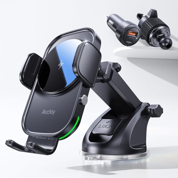 Auckly Handyhalterung Auto mit Ladefunktion, 【mit 48W-Steckdose&Sauger&Clip】 Qi 15W Fast Wireless Charger Auto Laden Automatischer Induktion Ladegerät Car für iPhone 12 13 14 15 16 Pro Max Mini Plus