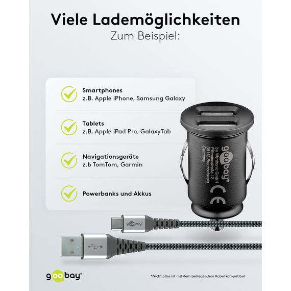 goobay 64806 Dual USB Port Auto Ladegerät USB Zigarettenanzünder Adapter 12V / 24V Kfz Mini USB Adapter Auto Ladestecker USB A Car Charger 15,5W inkl. 1m Micro USB Kabel, Schwarz