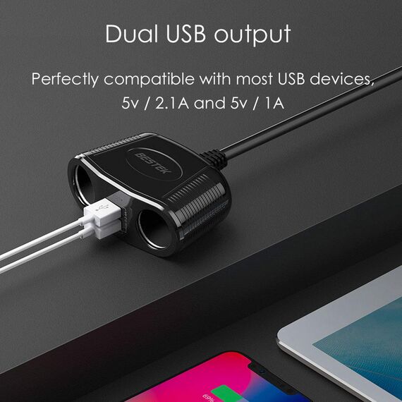 BESTEK 2 Fach Zigarettenanzünder Verteiler Adapter, LED Licht, Dual USB Ports Ladegerät, 12/24V DC